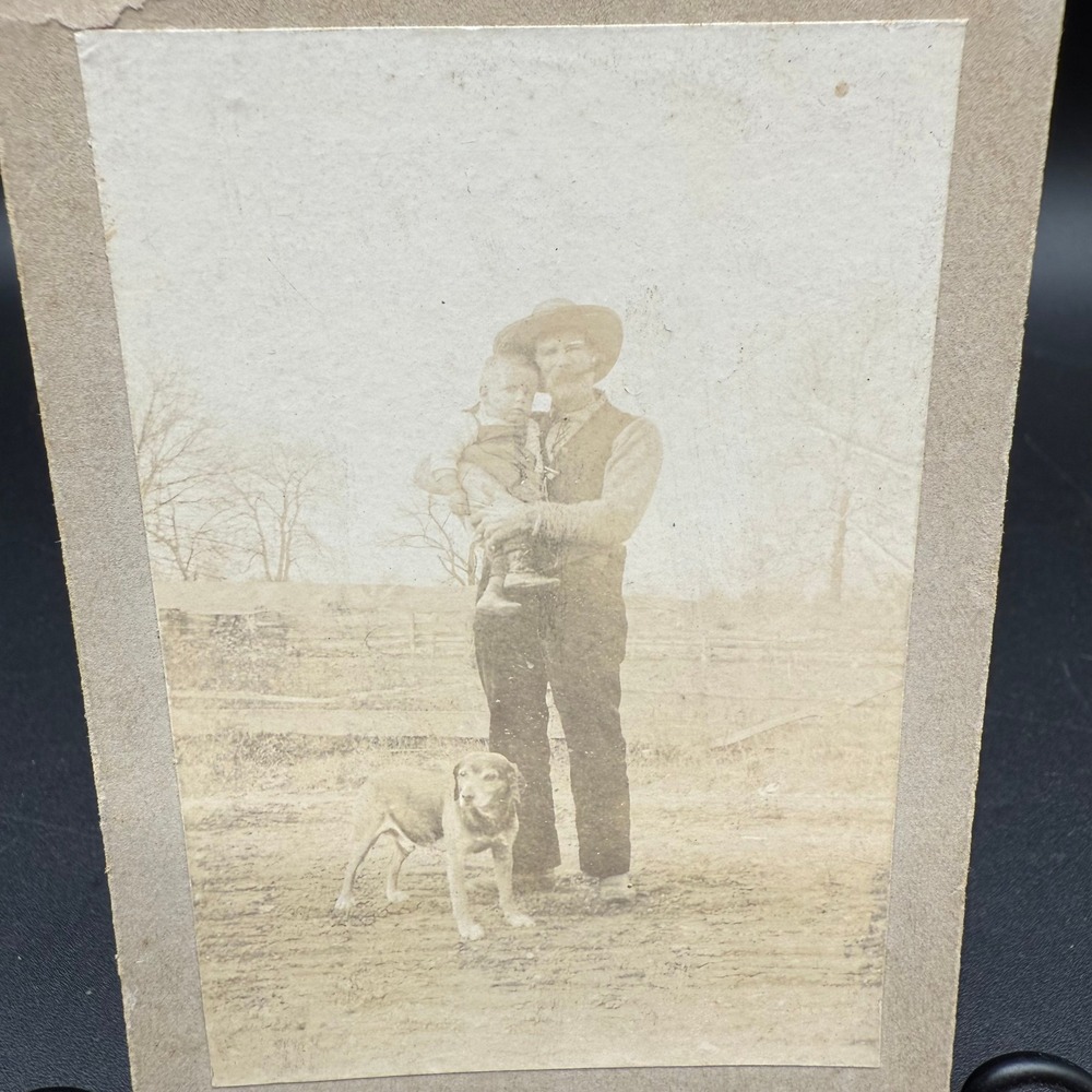 Antique Mounted Photo Cowboy Man Child Beagle Dog Early 1900s Rural Farm Scene